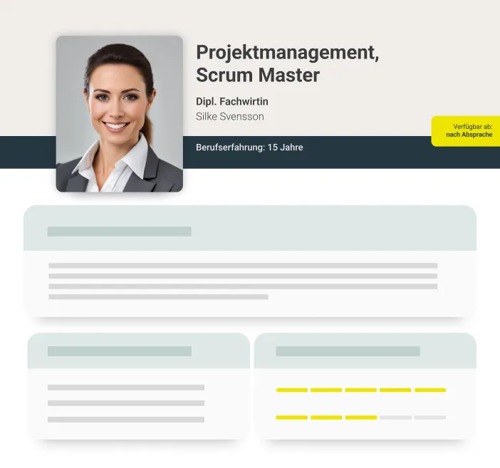 Das Personalprofil einer Projektleitung/Testmanagerin wird als Angebot für den Kunden dargestellt.