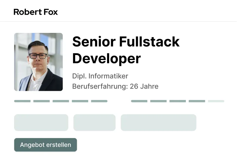 Sichtbar ist das digitale Mitarbeiterprofil eines Senior Fullstack Developers, welcher über 26 Jahre Berufserfahrung verfügt.