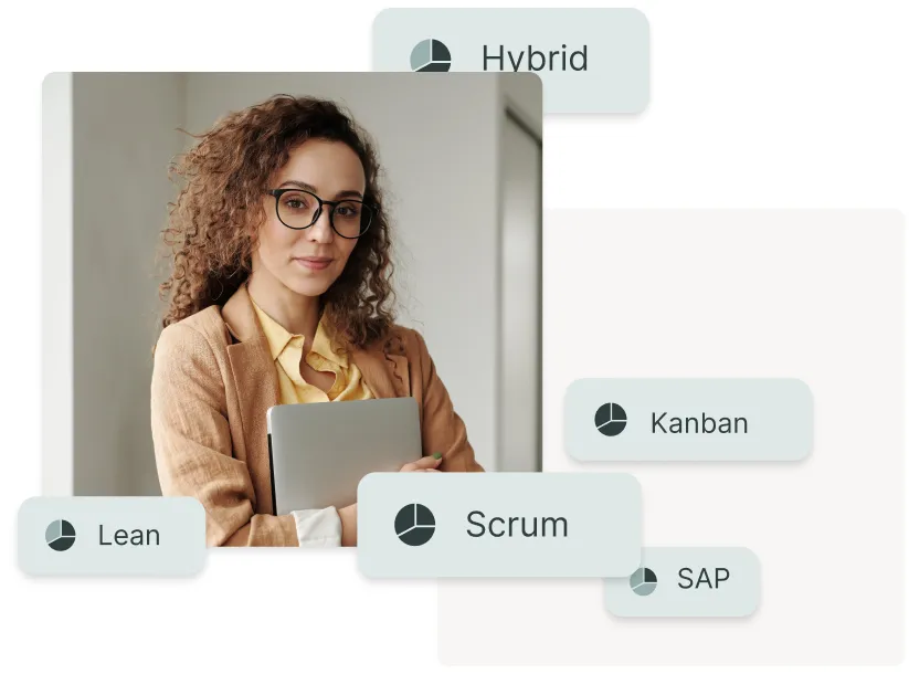 Eine Frau/Mitarbeiterin lächelt und ihre projektbezogenen Kompetenzen (Hybrid, Kanban, Scrum, SAP, Lean) werden dargestellt.